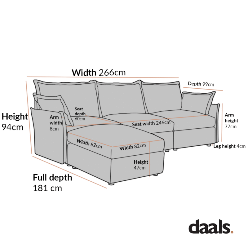 Byron Pillow Edge Beige Fabric Modular Sofa, 3-Seater Chaise - Image 6