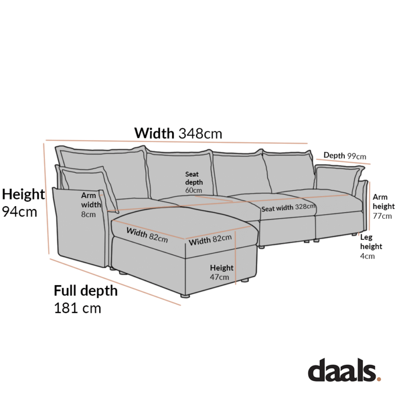 Byron Pillow Edge Beige Fabric Modular Sofa, 4-Seater Chaise - Image 6