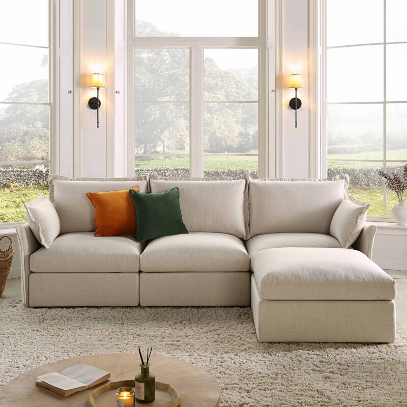 Byron Pillow Edge Beige Fabric Modular Sofa, 3-Seater Chaise - Image 2