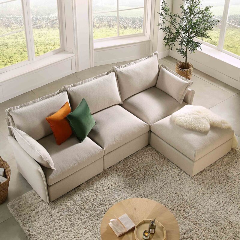 Byron Pillow Edge Beige Fabric Modular Sofa, 3-Seater Chaise - Image 3