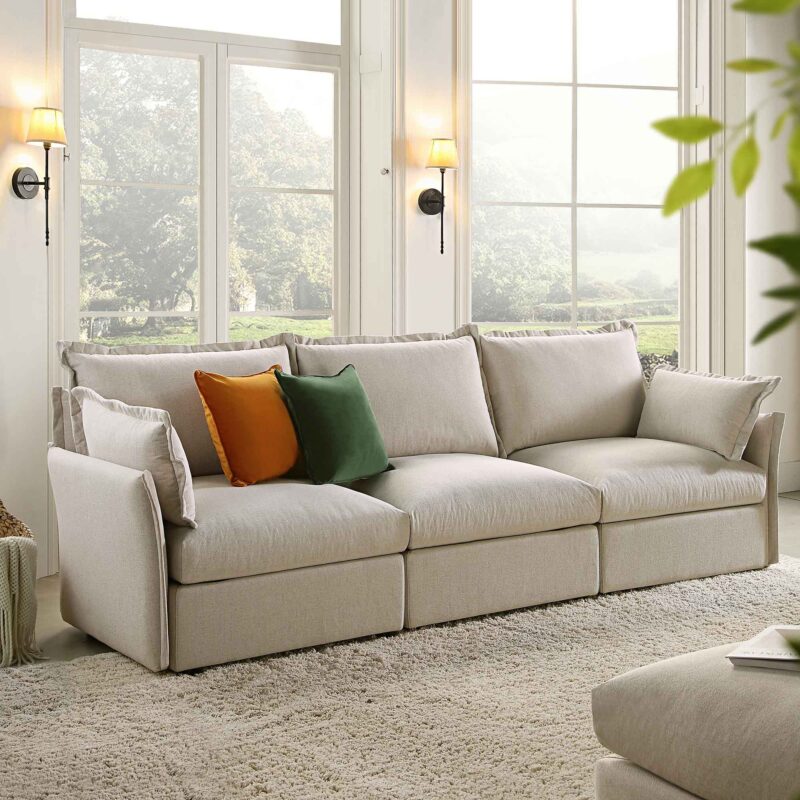 Byron Pillow Edge Beige Fabric Modular Sofa, 3-Seater - Image 2