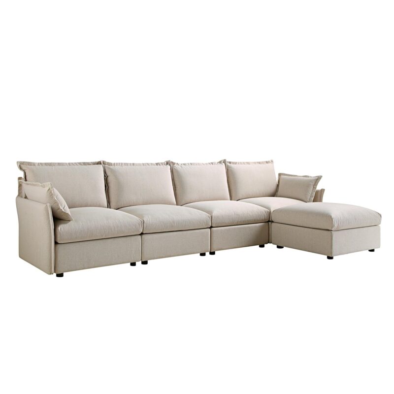 Byron Pillow Edge Beige Fabric Modular Sofa, 4-Seater Chaise - Image 5