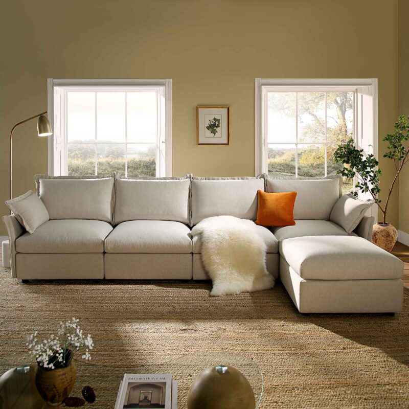 Byron Pillow Edge Beige Fabric Modular Sofa, 4-Seater Chaise - Image 2