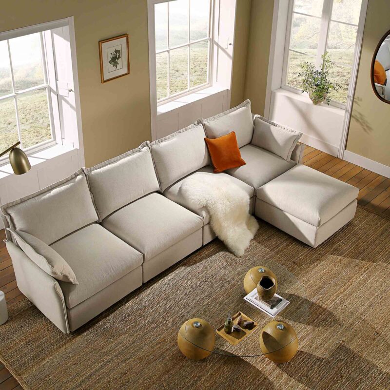 Byron Pillow Edge Beige Fabric Modular Sofa, 4-Seater Chaise - Image 3