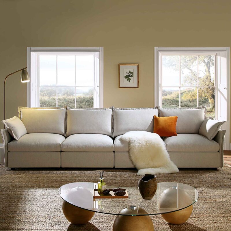 Byron Pillow Edge Beige Fabric Modular Sofa, 4-Seater - Image 2
