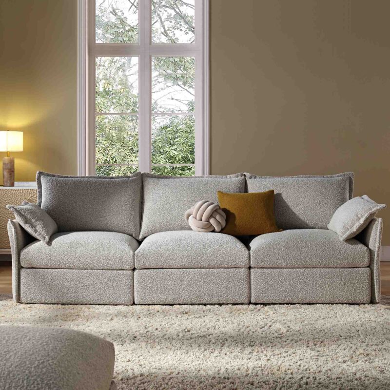 Byron Pillow Edge Mist Grey Boucle Modular Sofa, 3-Seater - Image 2