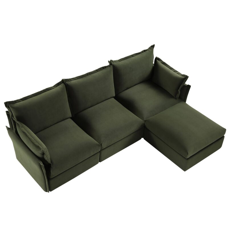 Byron Pillow Edge Moss Green Velvet Modular Sofa, 3-Seater Chaise - Image 9