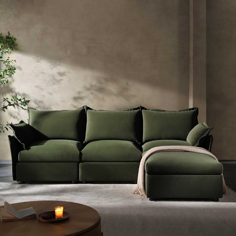 Byron Pillow Edge Moss Green Velvet Modular Sofa, 3-Seater Chaise - Image 2