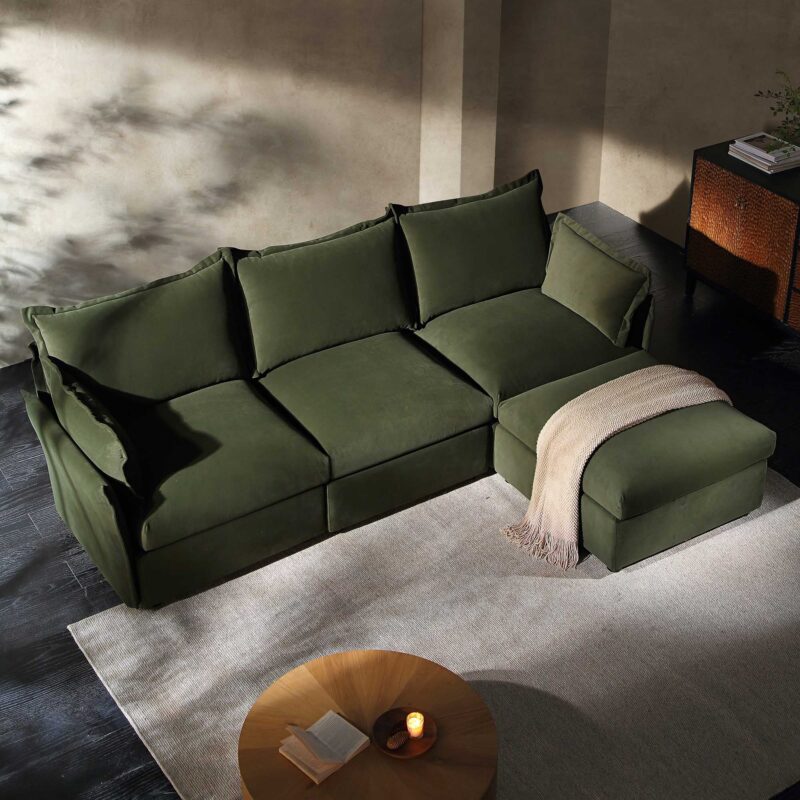 Byron Pillow Edge Moss Green Velvet Modular Sofa, 3-Seater Chaise - Image 3
