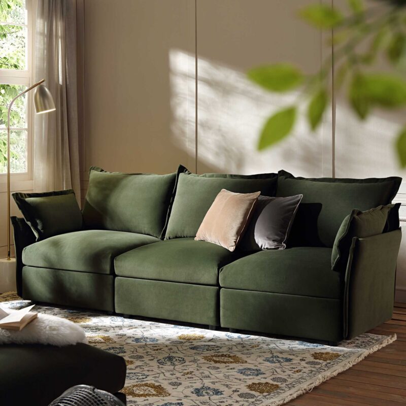 Byron Pillow Edge Moss Green Velvet Modular Sofa, 3-Seater - Image 2