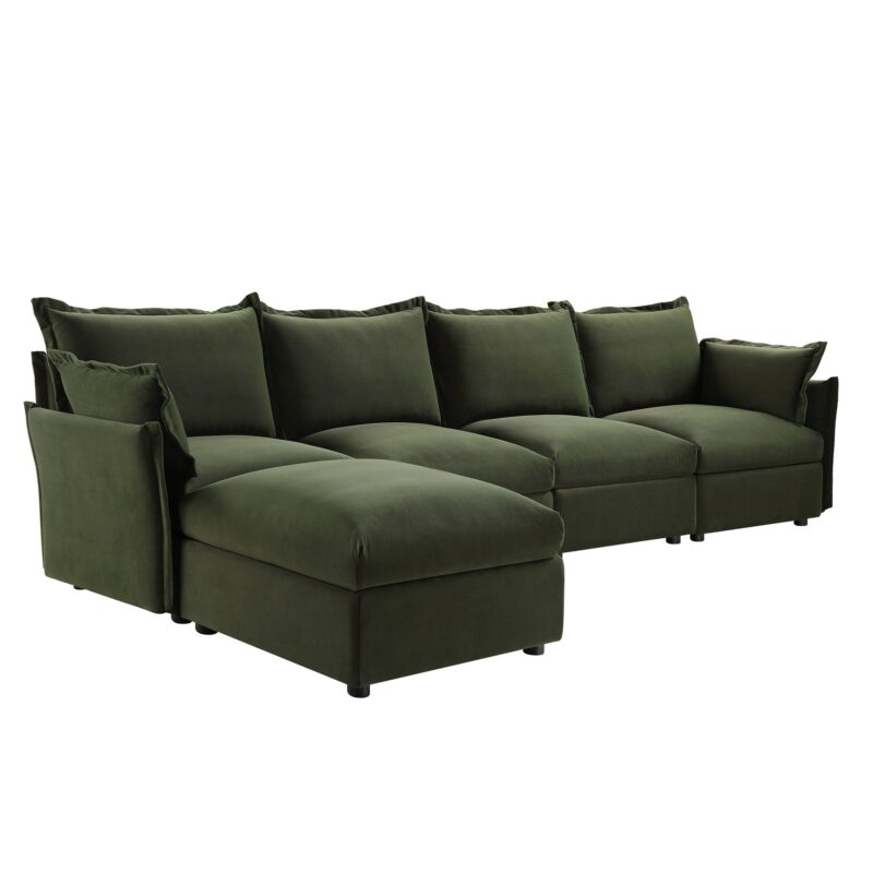 Byron Pillow Edge Moss Green Velvet Modular Sofa, 4-Seater Chaise - Image 2