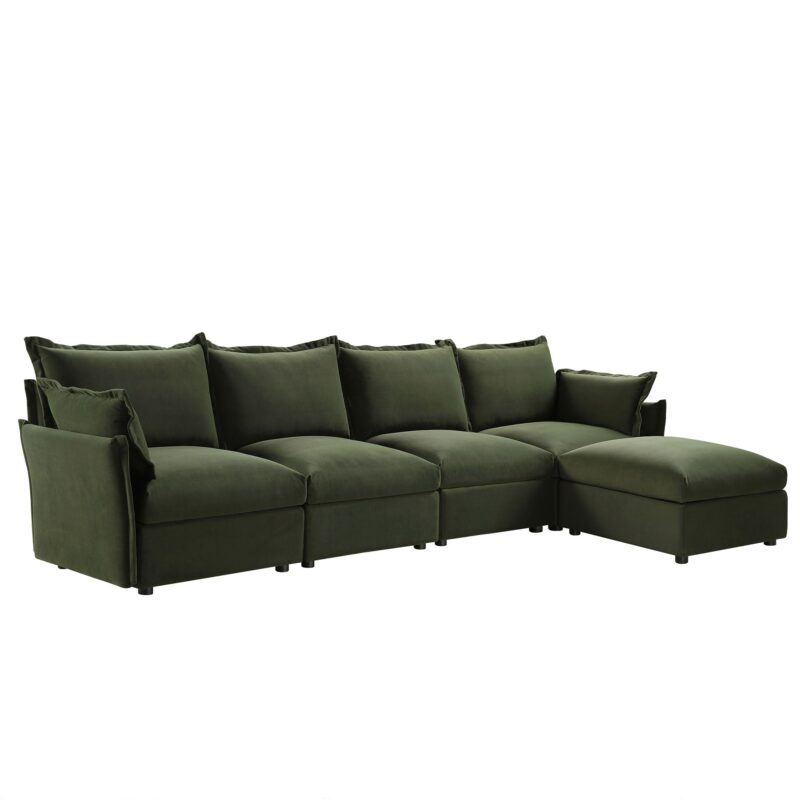Byron Pillow Edge Moss Green Velvet Modular Sofa, 4-Seater Chaise - Image 4