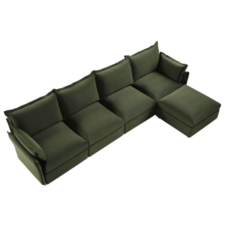 Byron Pillow Edge Moss Green Velvet Modular Sofa, 4-Seater Chaise - Image 5