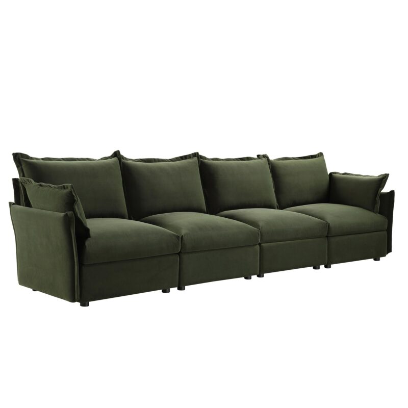 Byron Pillow Edge Moss Green Velvet Modular Sofa, 4-Seater - Image 4