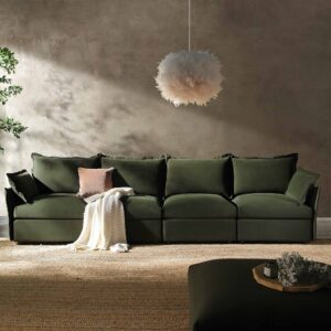 Byron Pillow Edge Moss Green Velvet Modular Sofa, 4-Seater