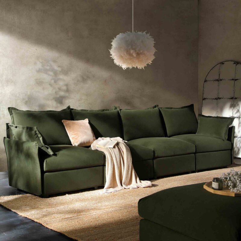 Byron Pillow Edge Moss Green Velvet Modular Sofa, 4-Seater - Image 2