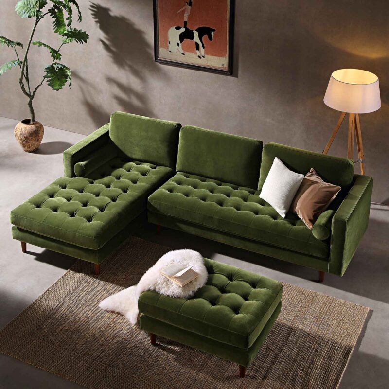 Henrietta Moss Green Velvet Grand 4-Seater Chaise End Sofa, Left Hand Facing - Image 3
