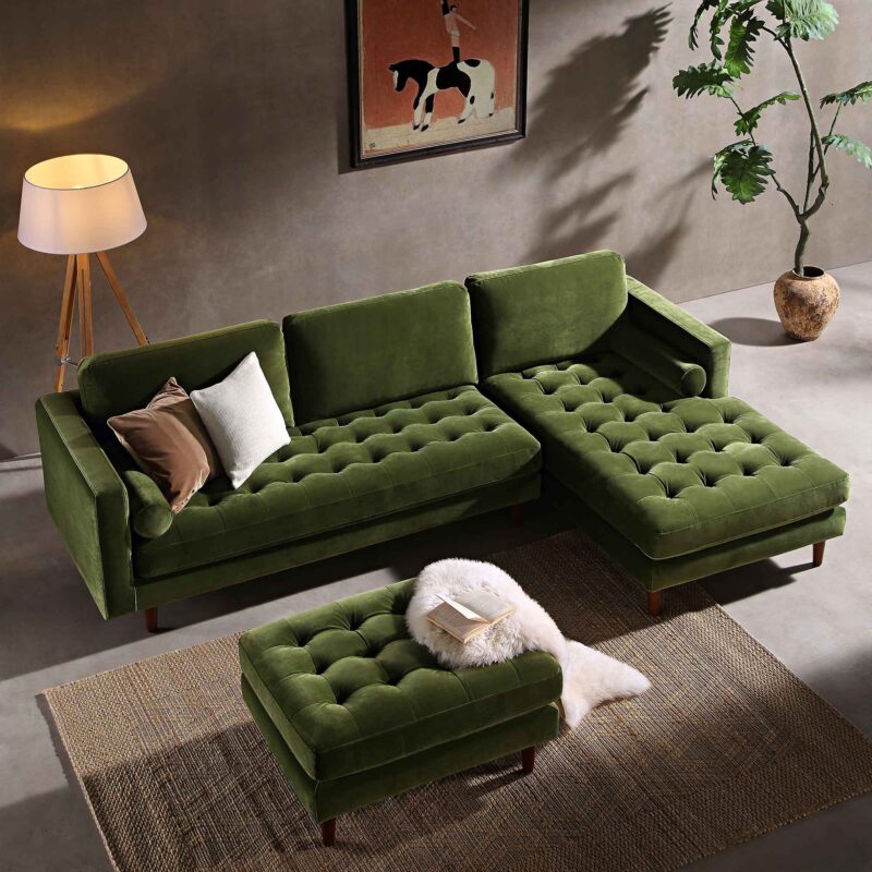 Henrietta Moss Green Velvet Grand 4-Seater Chaise End Sofa, Right Hand Facing - Image 3