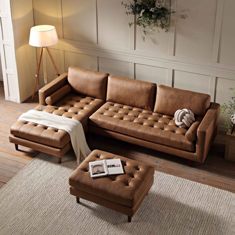 Henrietta Tan Faux Suede Grand 4-Seater Chaise End Sofa, Left Hand Facing - Image 3
