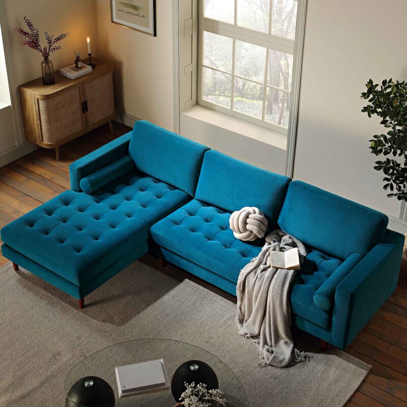 Henrietta Teal Velvet Grand 4-Seater Chaise End Sofa, Left Hand Facing - Image 2