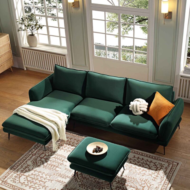 Obriel Forest Green Velvet Sofa, Grande Chaise Sofa Left Hand Facing - Image 2