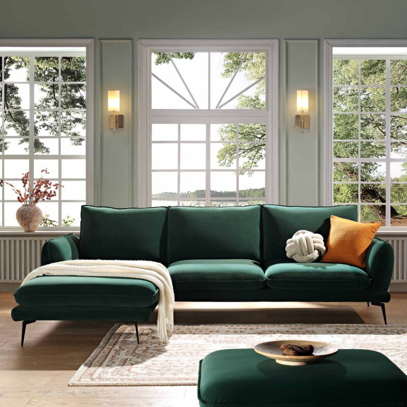 Obriel Forest Green Velvet Sofa, Grande Chaise Sofa Left Hand Facing - Image 3
