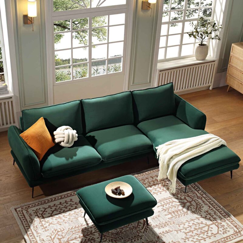 Obriel Forest Green Velvet Sofa, Grande Chaise Sofa Right Hand Facing - Image 2