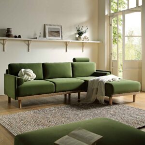 Timber Fern Green Velvet Sofa, Large 3-Seater Chaise Sofa Right Hand Facing
