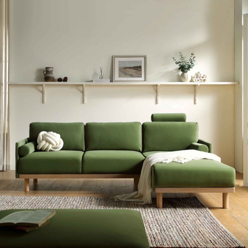Timber Fern Green Velvet Sofa, Large 3-Seater Chaise Sofa Right Hand Facing - Image 2