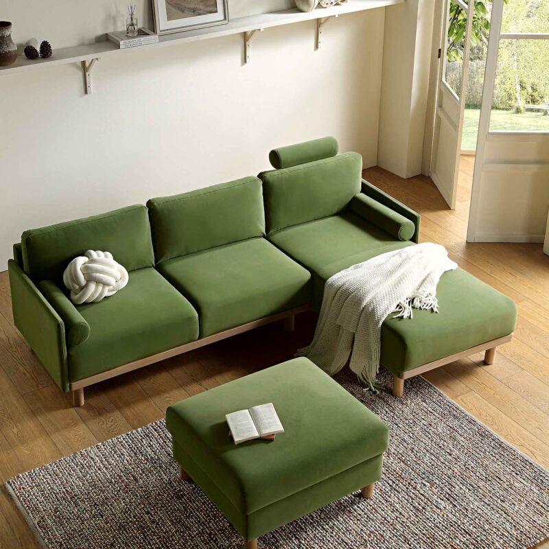 Timber Fern Green Velvet Sofa, Large 3-Seater Chaise Sofa Right Hand Facing - Image 3