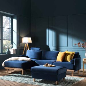 Timber Navy Blue Velvet Sofa, Large 3-Seater Chaise Sofa Left Hand Facing