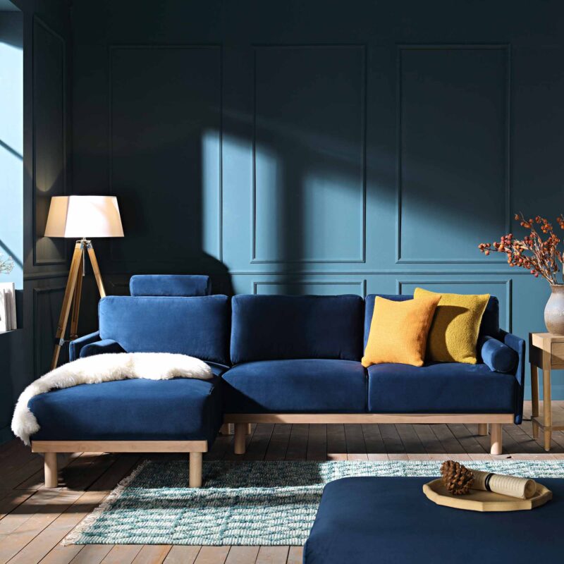 Timber Navy Blue Velvet Sofa, Large 3-Seater Chaise Sofa Left Hand Facing - Image 2