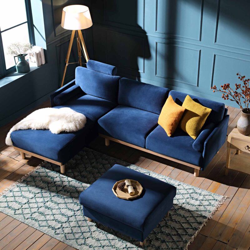 Timber Navy Blue Velvet Sofa, Large 3-Seater Chaise Sofa Left Hand Facing - Image 3