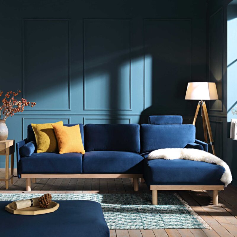 Timber Navy Blue Velvet Sofa, Large 3-Seater Chaise Sofa Right Hand Facing - Image 2