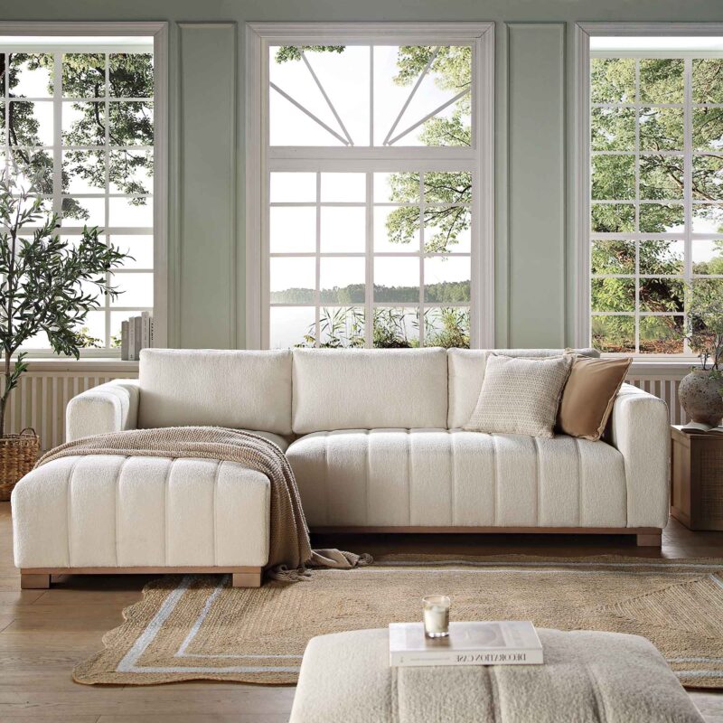 Belsize Beige Boucle Sofa with Wooden Base, Large Chaise Left Hand Facing - Image 2