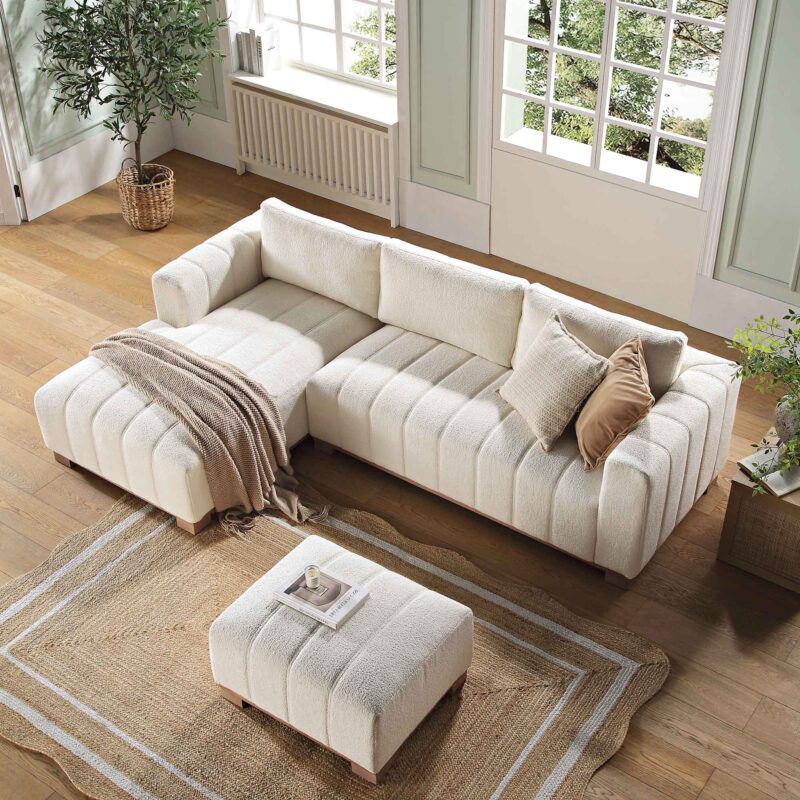 Belsize Beige Boucle Sofa with Wooden Base, Large Chaise Left Hand Facing - Image 3