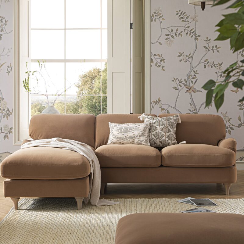 Daphnis Camel Velvet Sofa, Grande Chaise Sofa Left Hand Facing - Image 2
