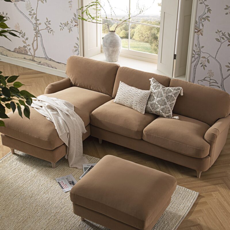 Daphnis Camel Velvet Sofa, Grande Chaise Sofa Left Hand Facing - Image 3