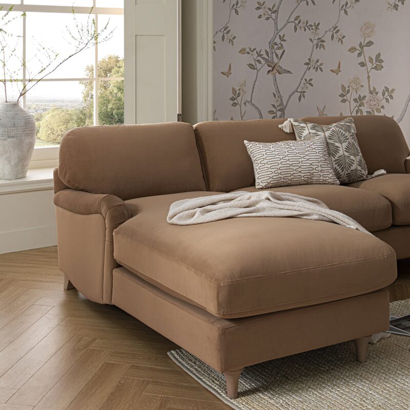 Daphnis Camel Velvet Sofa, Grande Chaise Sofa Left Hand Facing - Image 4