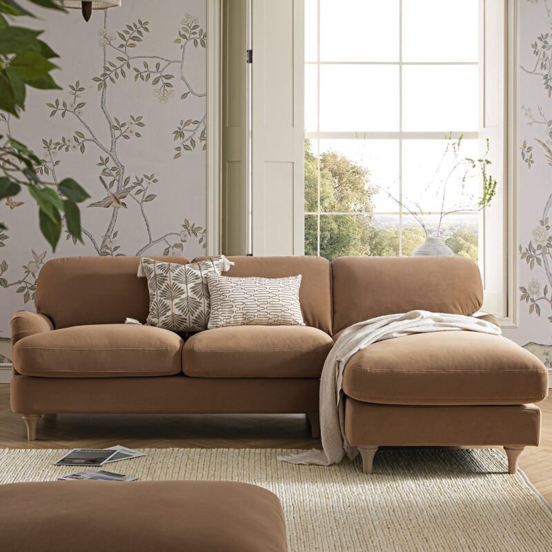 Daphnis Camel Velvet Sofa, Grande Chaise Sofa Right Hand Facing - Image 2