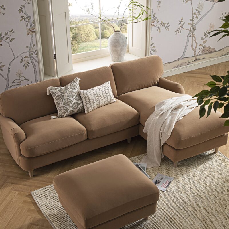Daphnis Camel Velvet Sofa, Grande Chaise Sofa Right Hand Facing - Image 3