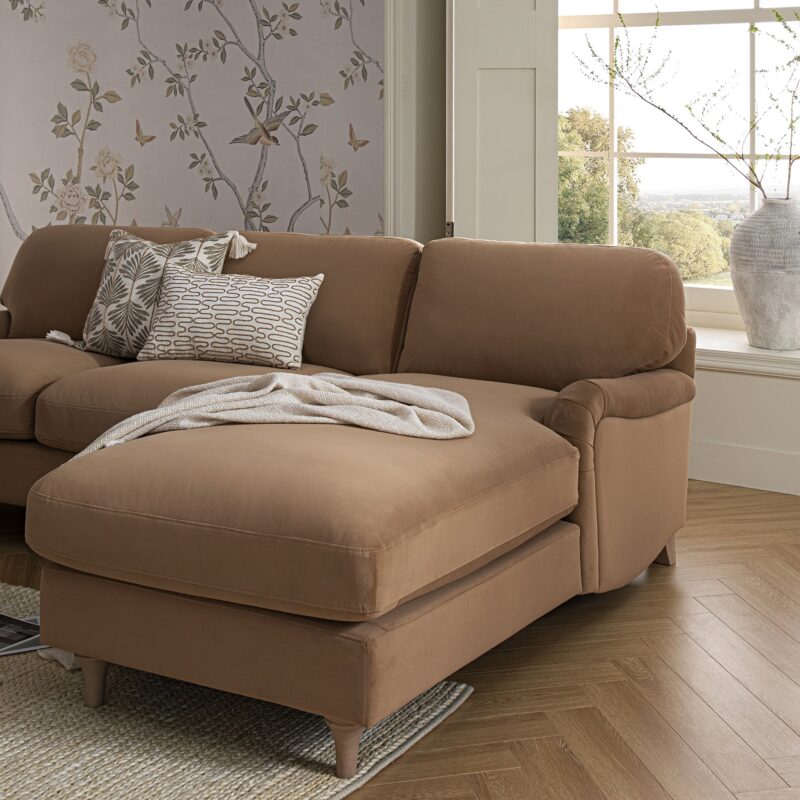 Daphnis Camel Velvet Sofa, Grande Chaise Sofa Right Hand Facing - Image 4