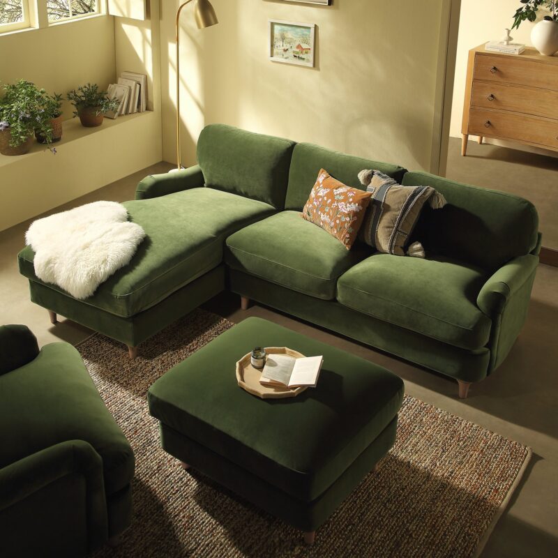 Daphnis Fern Green Velvet Sofa, Grande Chaise Sofa Left Hand Facing - Image 2