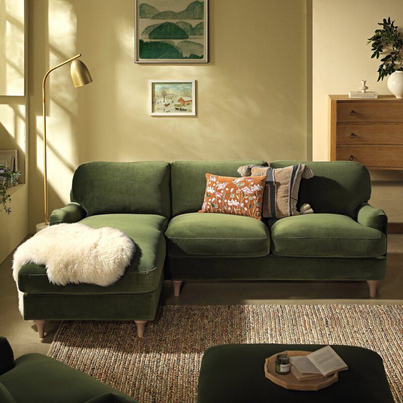 Daphnis Fern Green Velvet Sofa, Grande Chaise Sofa Left Hand Facing - Image 3