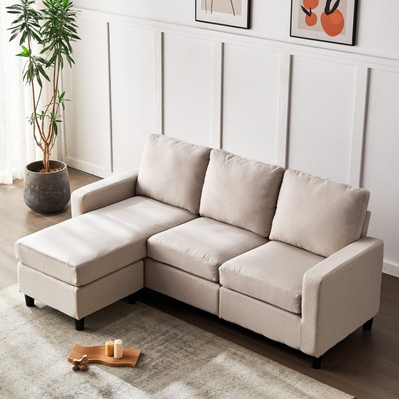 Campbell 3 Seater Sofa with Reversible Chaise in Beige Woven Fabric - Image 2