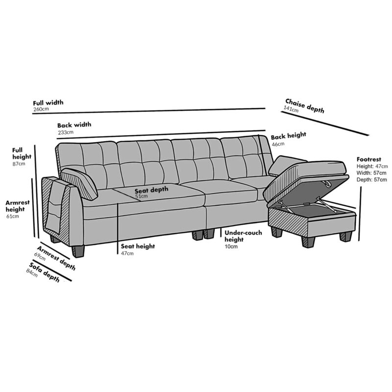Brunswick Large 4-Seater Storage Chaise Sofa in Light Grey - Image 7
