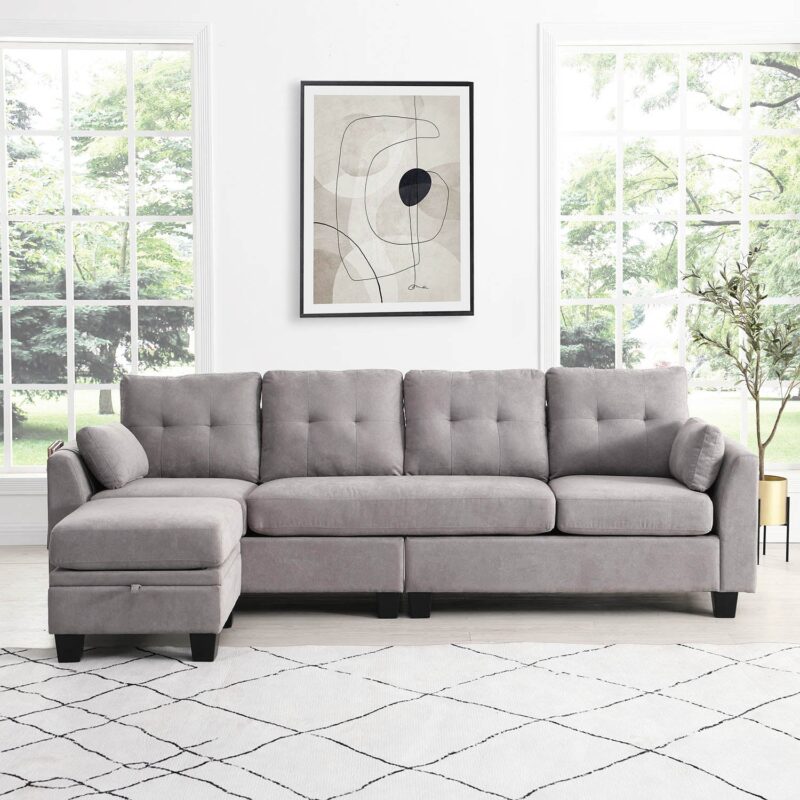 Brunswick Large 4-Seater Storage Chaise Sofa in Light Grey - Image 2