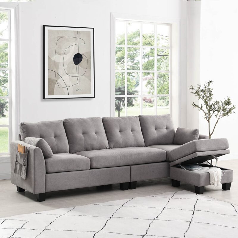 Brunswick Large 4-Seater Storage Chaise Sofa in Light Grey - Image 3