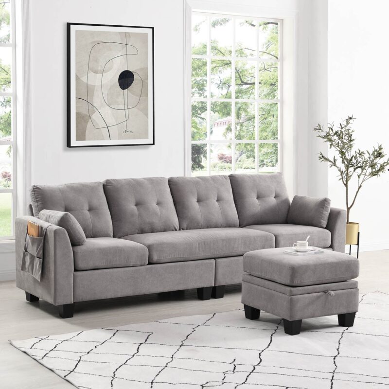 Brunswick Large 4-Seater Storage Chaise Sofa in Light Grey - Image 4