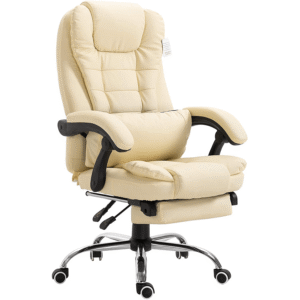 Executive Reclining Computer Desk Chair with Footrest, Headrest and Lumbar Cushion Support Furniture, MR34 Cream PU Leather